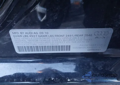 2011 Audi A4 2.0T Premium from USA, damaged, VIN WAUBFAFL8BN022197